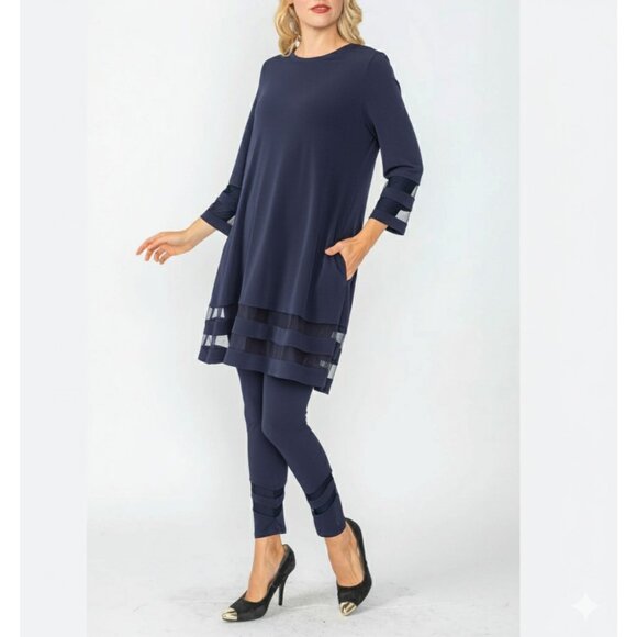 IC Collection by Connie Navy Soft Knit Mesh Trim Tunic Top Pants Outfit Set S - Picture 1 of 6